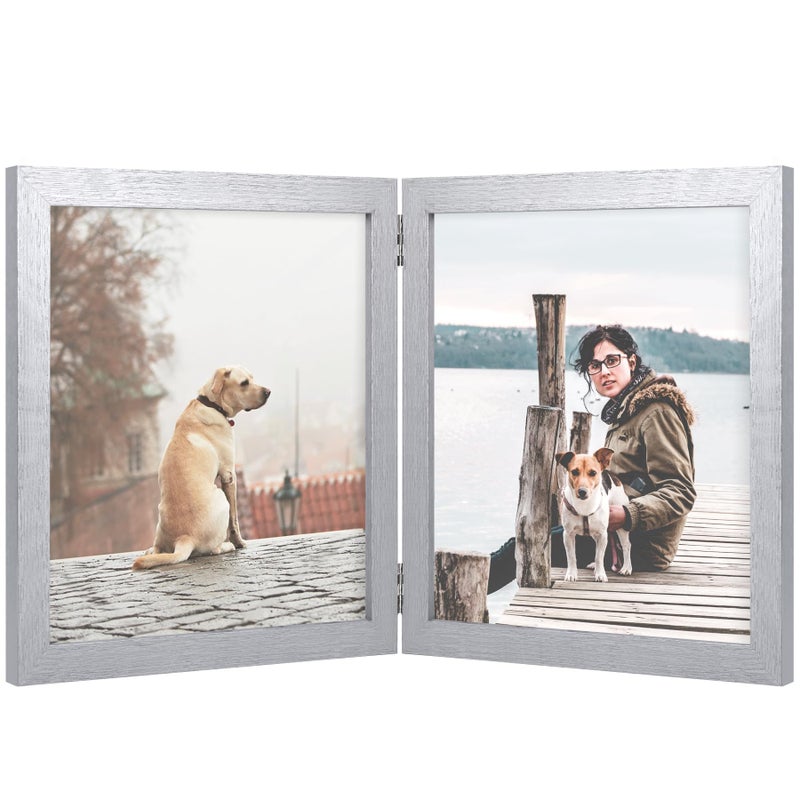 Forev 8x10 Double Picture Frame Wooden Hinged Photo Frame Definition Glass Stand Vertically on Desktop or Tabletop Silver - Image 1